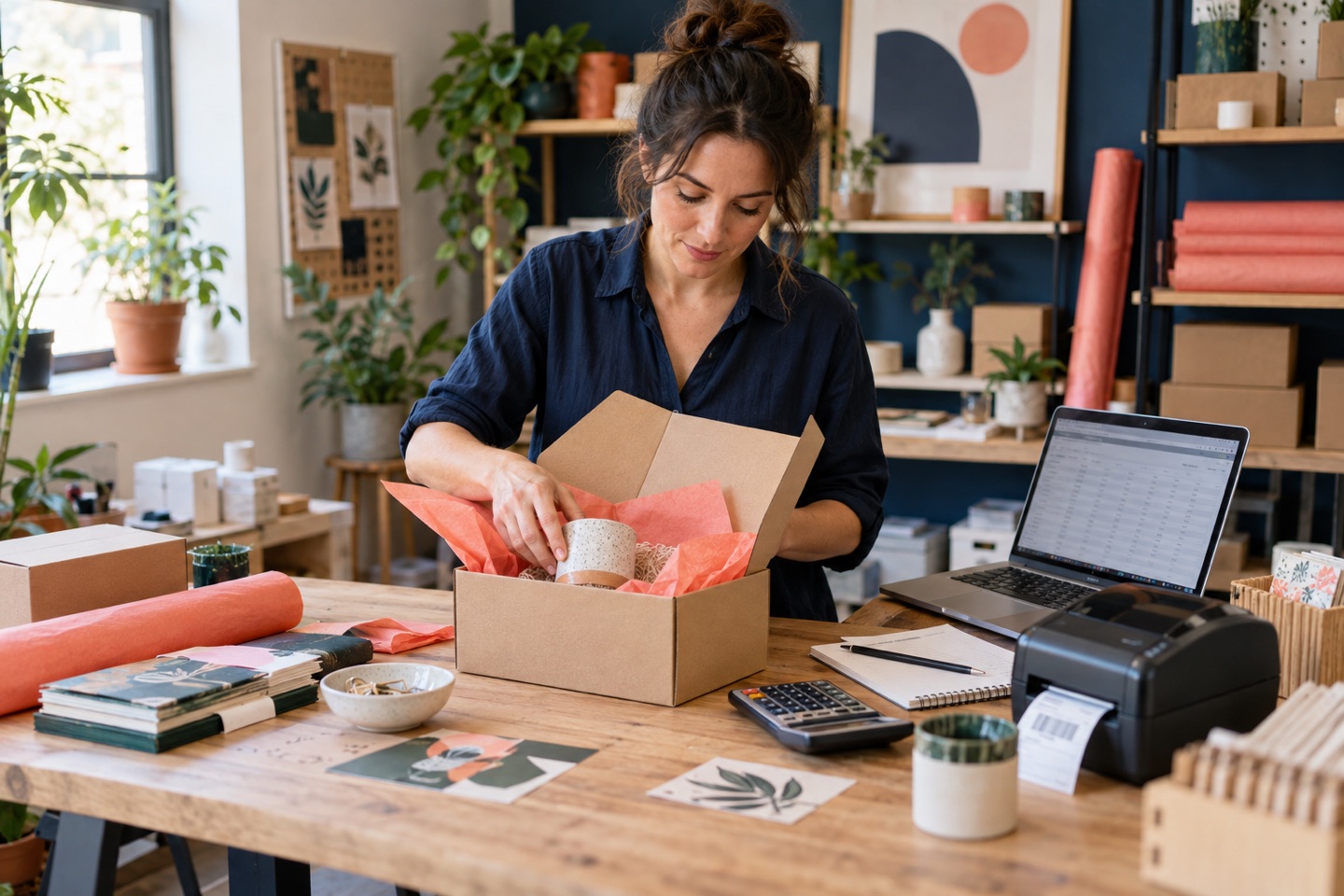 Independent store owner packing an order while reviewing its costs