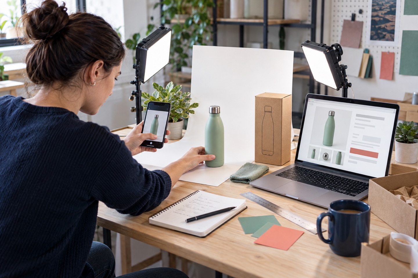 Seller photographing a product and auditing its online presentation