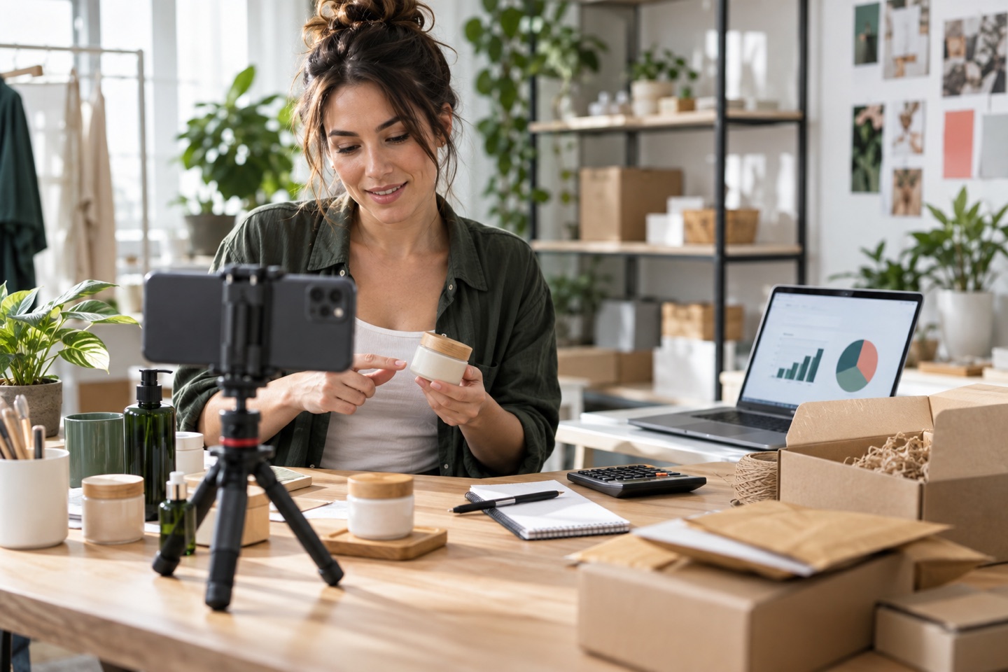 Seller filming a product demonstration while reviewing order economics